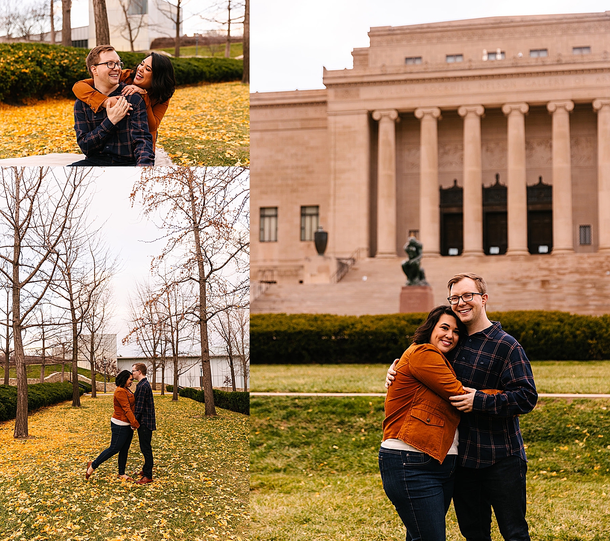 couple playing in the fallen leaves outside of museum by Kansas City photographer 