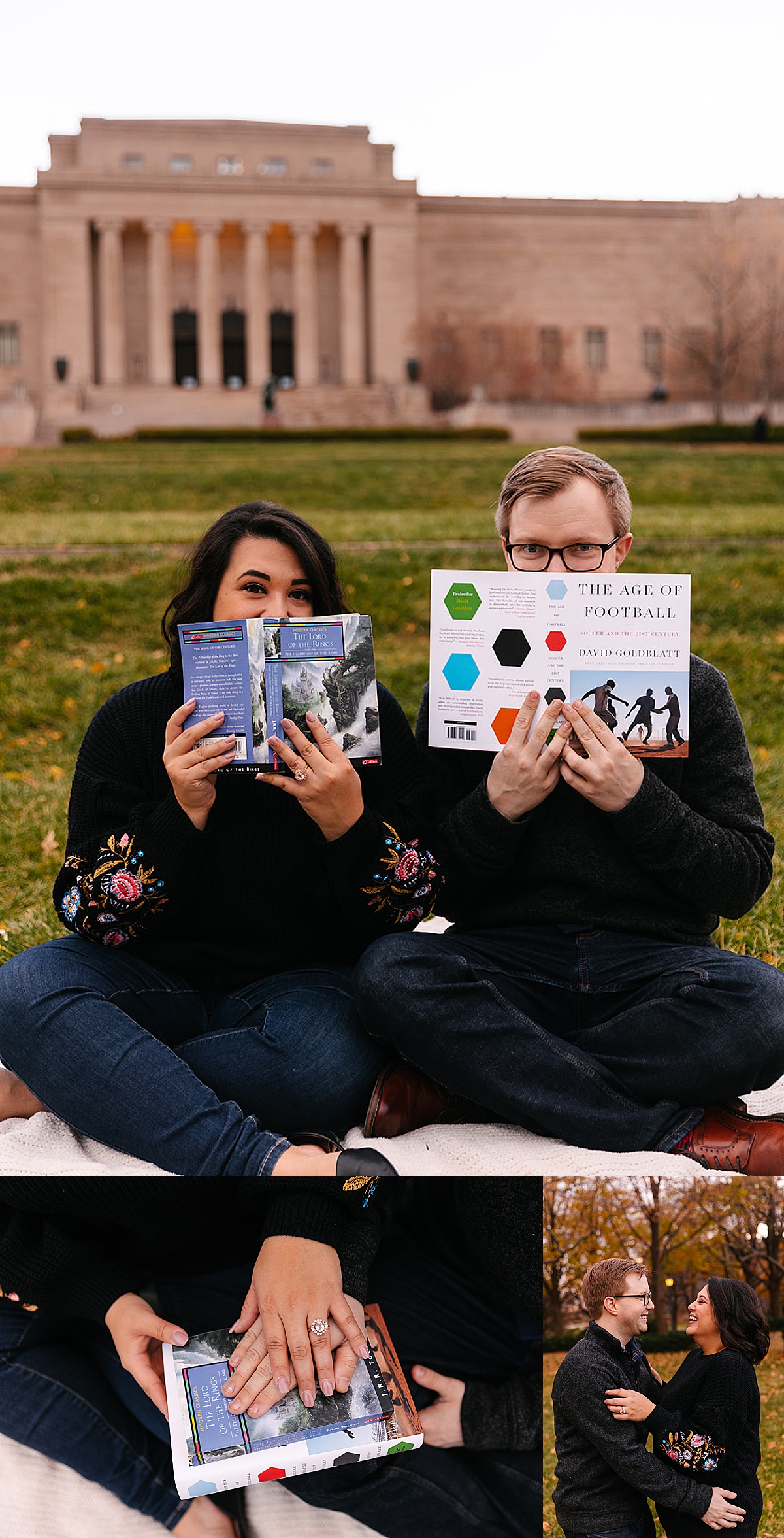 man and woman holding up their favorite books sitting in front museum by Kansas City photographer 