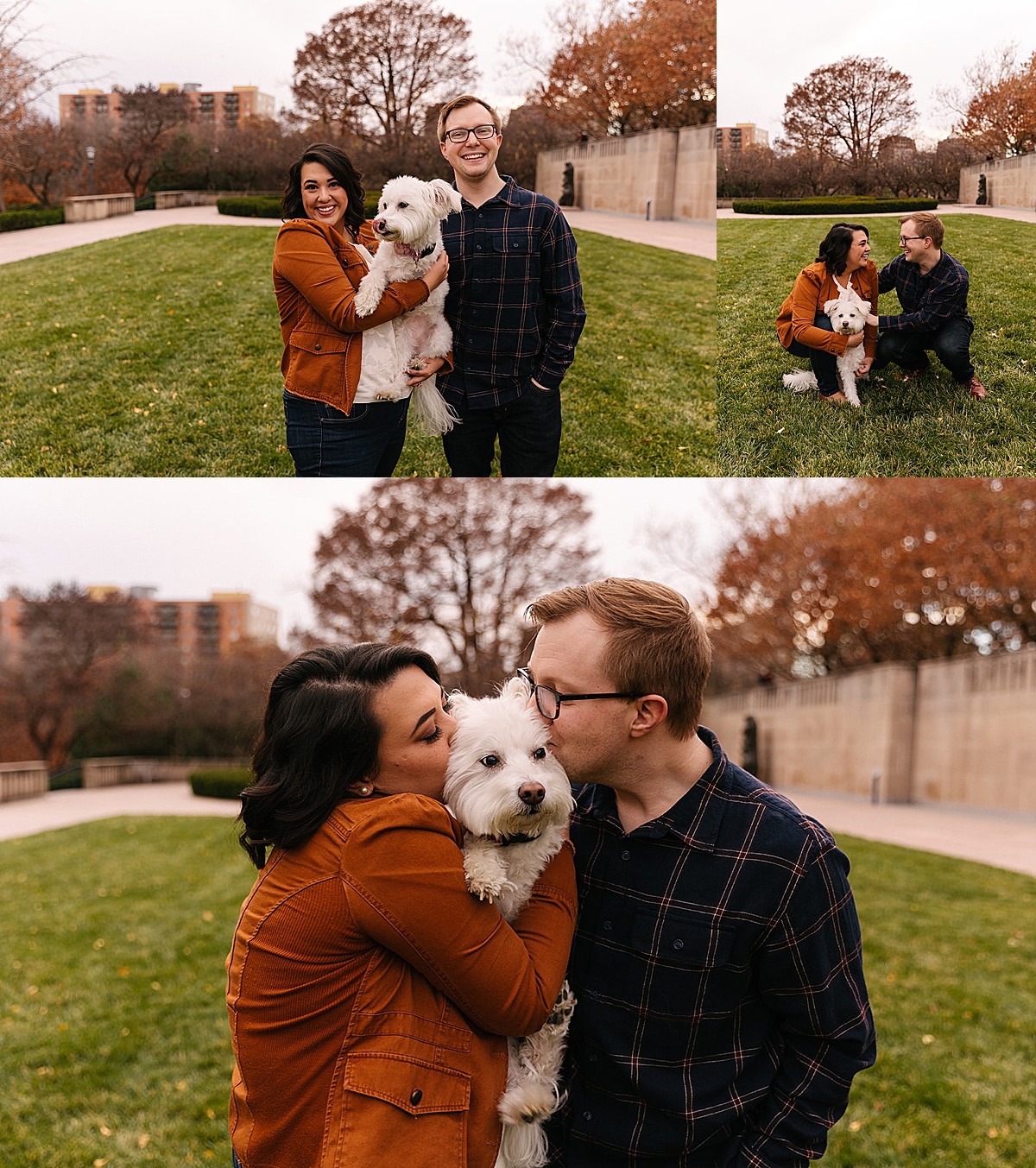 couple with dog during engagement session on the grass on cloudy day in front of nelson atkins 