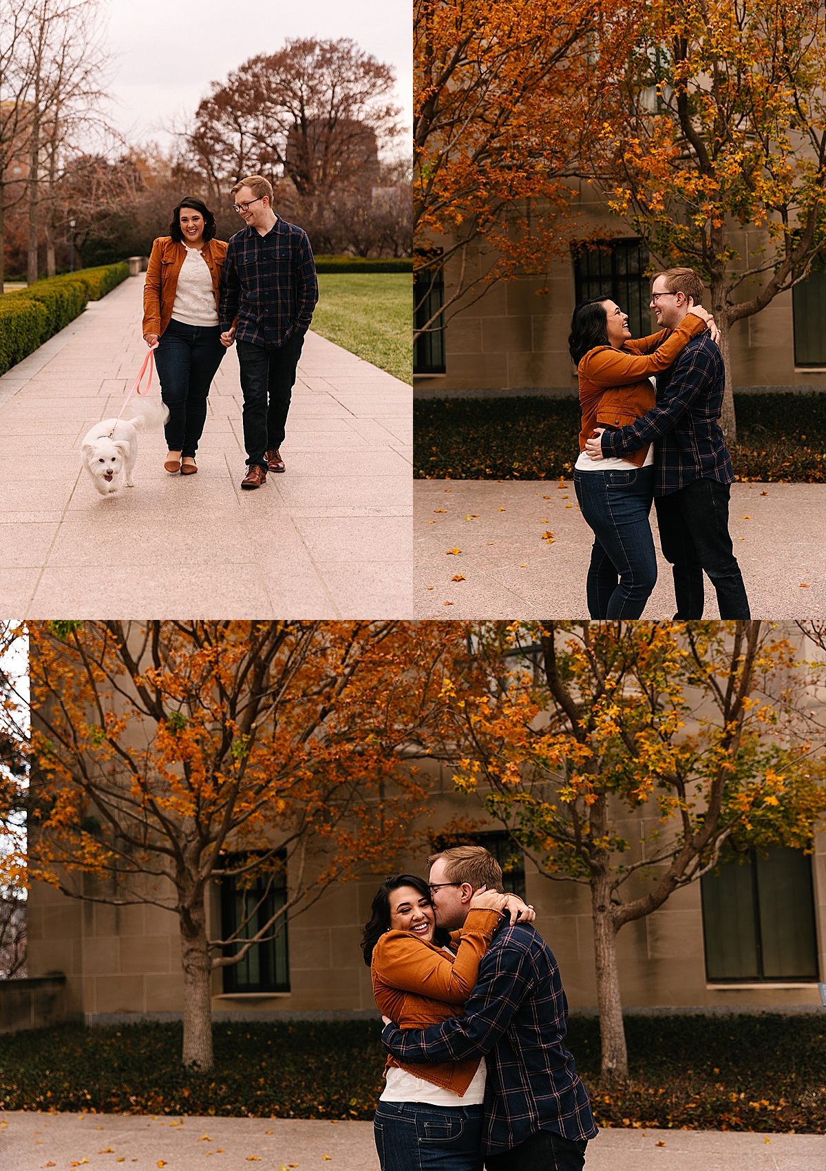 couple walking dog on path during engagement session by Kansas City photographer 
