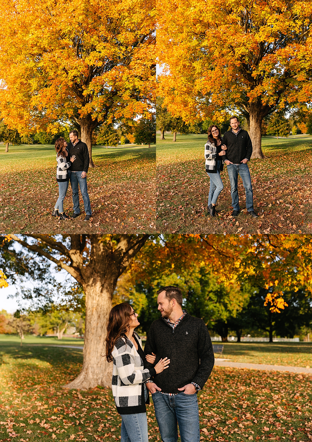 couple standing in front of fall trees at meadow Brooke park in Kansas 