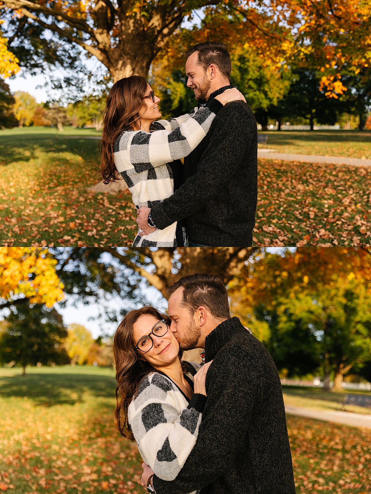 woman wearing cardigan in the fall for engagement session by Kansas City Photographer
