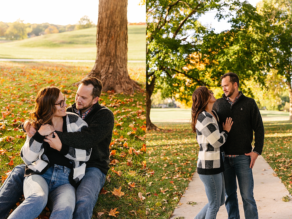 couple wearing fall sweaters during session with engagement photographer at meadow Brooke park 