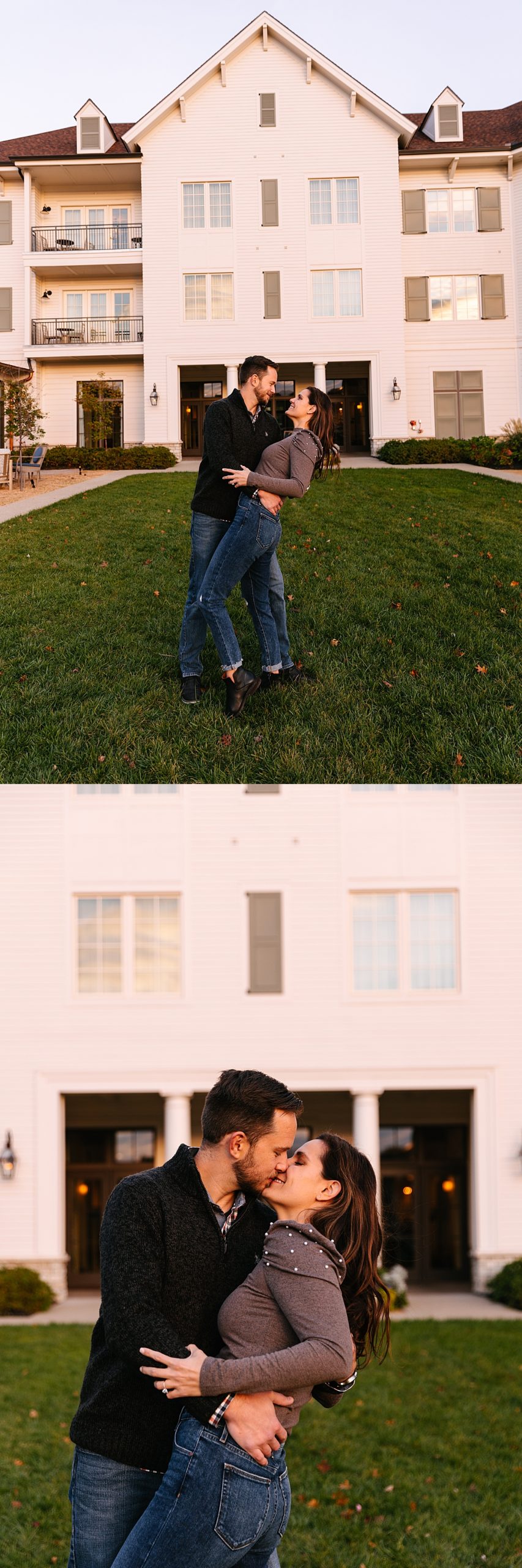 man dipping fiance in front of hotel in kansas by Natalie Nichole photos 