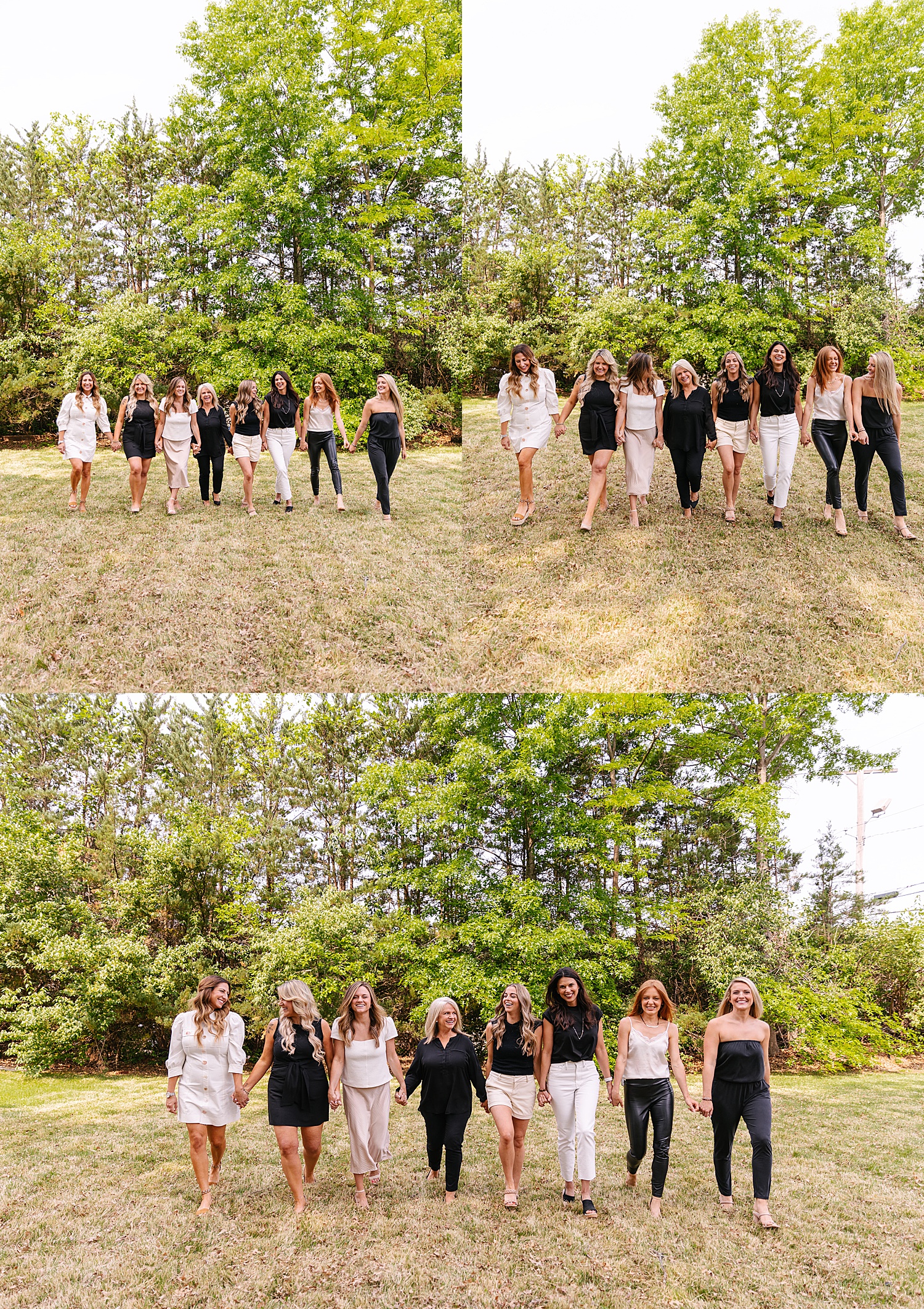 West Village Realty women hold hands and walk through grass for portraits